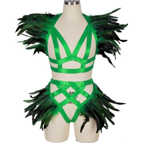 Natural Feathers Accessories Harness For Women Belt Sexy Lingerie Thong Set Erotic Exotic Costumes Hollow Bra Festival Rave Wear