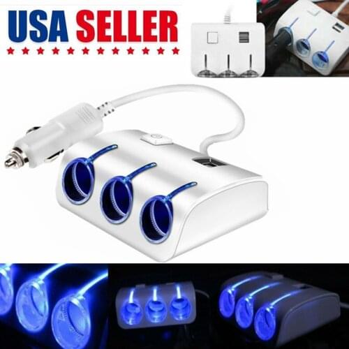 5V 1.2A Dual USB Car Charger 3 Way Cigarette Lighter Adapter Power Control Button LED Indicator Multi Socket Splitter Chargers