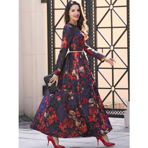 Plus Size Quality Muslim Women Long Sleeve Long Maxi Dubai Abaya Dress Fashion Floral Jacquard Dress Elegant Fall Vintage S-4XL