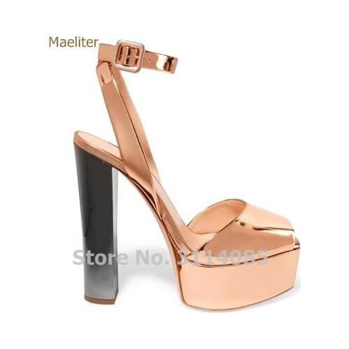 Newest Rose Gold Patent Leather Dress High Heel Sandals Chunky Heel Ankle Buckle Strap Dress Shoes High Platform Champagne Shoes