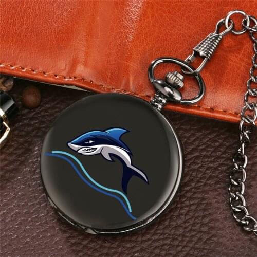 Blue Shark Jumping Display Antique Black Pocket Watch Quartz Analog Display Pendant Pocket Chain Clock