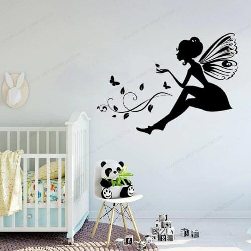Black flowers fairy vinyl wall sticker for kids baby girl room Wall art mural Decoration room decal HJ215
