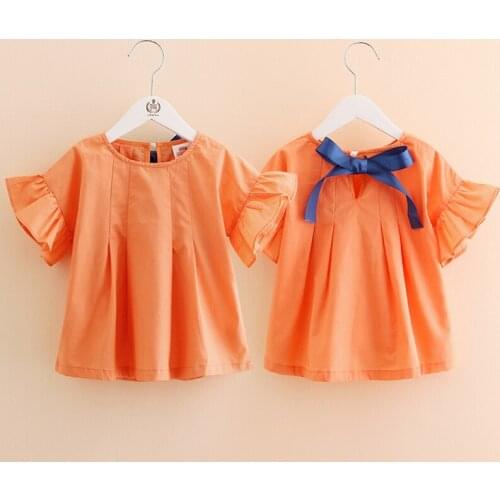 2021 Hot Summer 2 3 4 5 6 7 8 9 10 Year Sweet Cute Solid Orange Color Short Flare Trumpet Sleeve For Baby Kids Girl Blouse Shirt