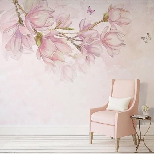 Photo Wallpaper Nordic Style Hand-painted Pink Magnolia Flowers Murals Living Room TV Sofa Bedroom Home Decor Papel De Parede 3D