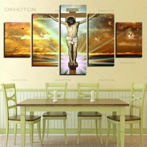 Canvas Home Decor HD Prints Poster Living Room Religion Wall Art 5 Pieces Jesus Glory To God Pictures Sunset Cross Paintings