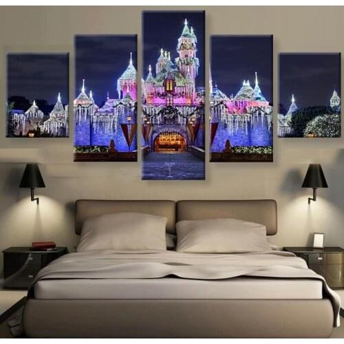 Canvas Painting Wall Art Prints Home Decor Magic Kingdom Castle Picture 5 Panels For Children room