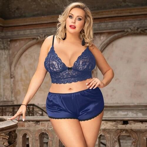 Comeondear Lace Satin Lingerie Costumes Sets Exotic Ladies 3 Pieces Nightwear Floral Transparent Satin Top Pajama Sets PR80900