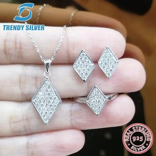 Complete pure 925 sterling silver zirconia clear CZ luxury jewelry set ring earrings for woman pendant necklace trendy design