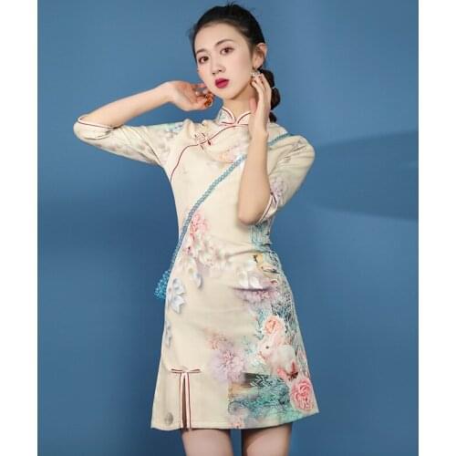 Real Shot Summer New Cheongsam Young Girl Chinese Style Printing Improved Short Daily Dress