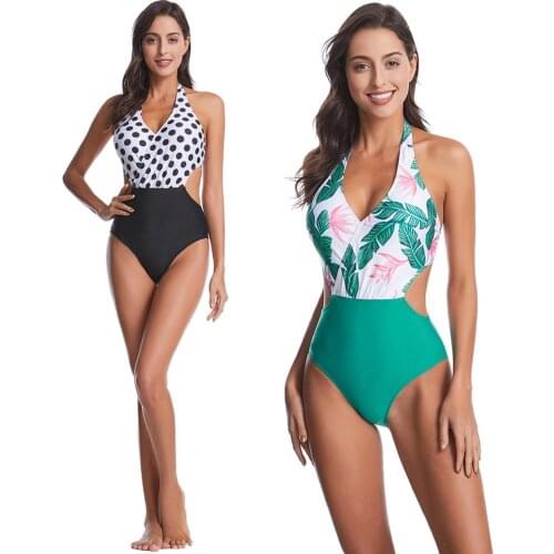Sexy V neck Swimwear Women Print backless one piece swimsuit bandage bikini beachwear Push Up Monokini Bathing Suits quick-dry