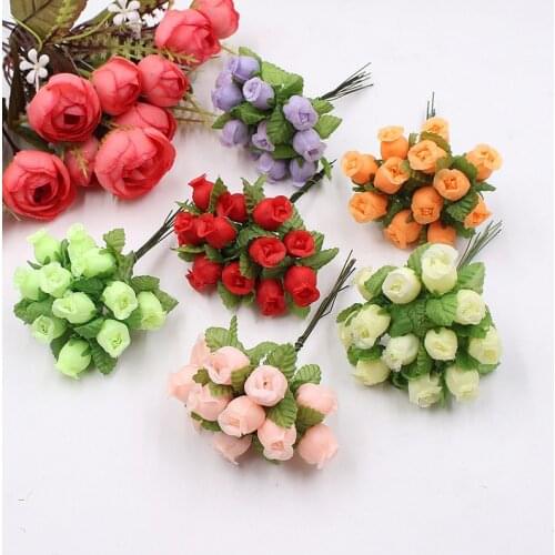 Plastic Mini Rose Bouquet 12 Flower Heads Artificial Silk Flower Branches Small Rose Buds For Home Wedding Party DIY Gifts