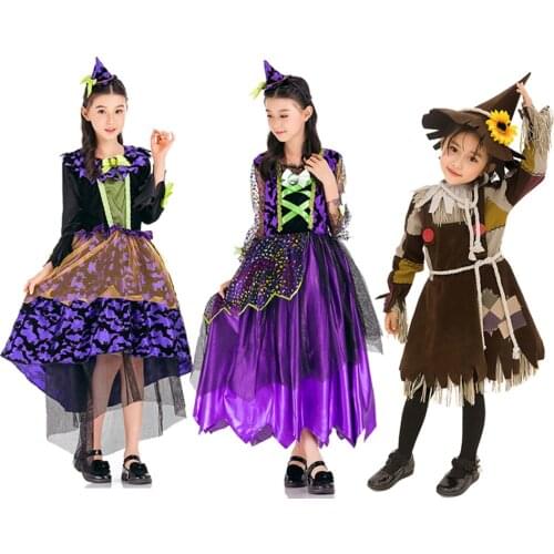 Girls Halloween Party Dress Bat Print Elegant Vintage Style Swing Dresses Purple Fancy Mid Length Princess Christmas Dress Hat