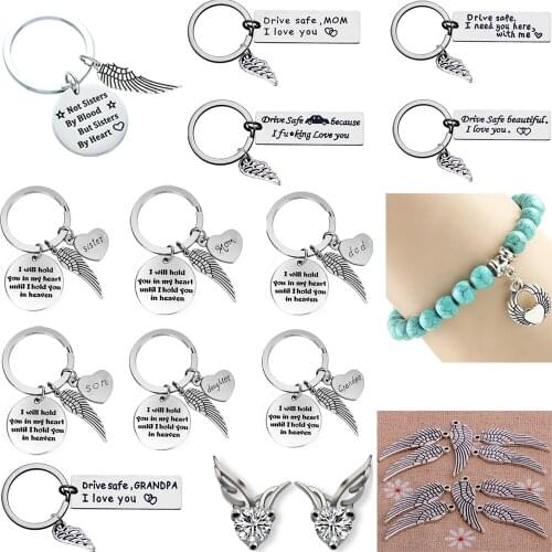 Family Son Daughter Sister Brother Keychain Gift Drive Safe Mom Dad Heart Angel Wing Keyring Friends Birthday Party Jewelry BFF