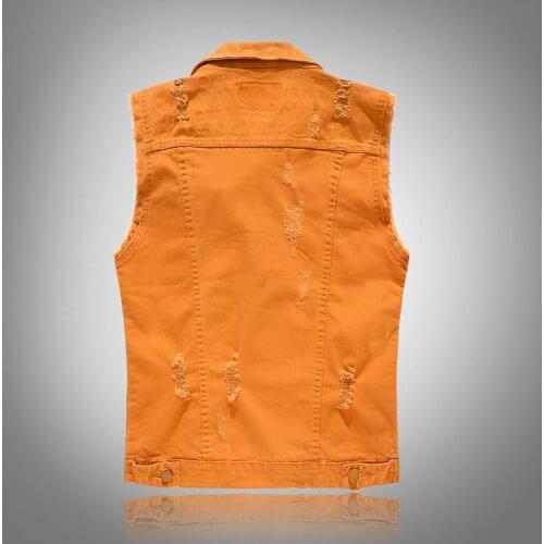 Spring Autumn Mens Vest Vintage Denim Jeans Vest Male Orange Sleeveless Jackets Men Rivet Hole Jeans Waistcoats Big size M-5XL