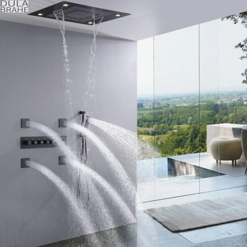 Thermostatic Bathroom Shower Faucet System Set Stainless Steel Waterfall LED Rain Shower Head Brass Body Sprayer Jets