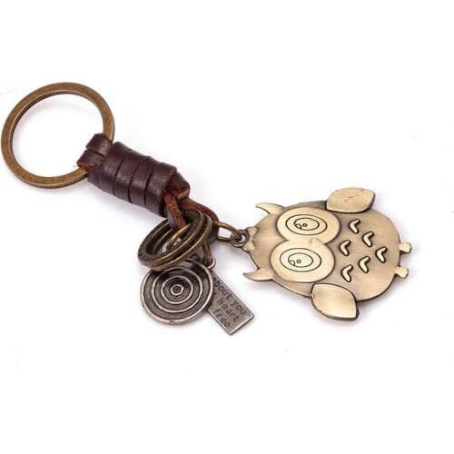 Alloy Vintage Antique Bronze Owl Key Rings Braided Cowhide Keychain Pendant Punk Jewelry Gift For Friends 1PCS