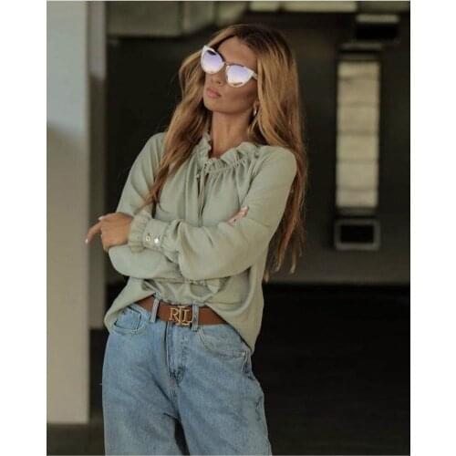 Fashion Lotus Leaf Collar Womens Shirt Temperament Black Green Lotus Leaf Collar Long Sleeve Sexy Shirts Women Casual Blouse