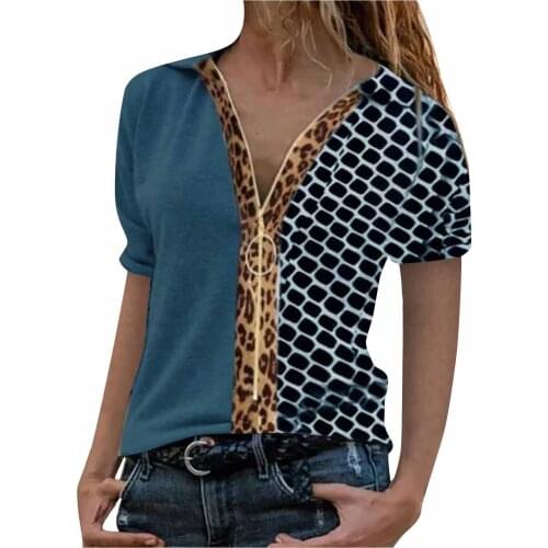 Zip Up Blouse Shirt Women Summer Oversized Leopard Splicing Shirt Harajuku Short Sleeve Tops Classic V-neck Loose Blouses Блузки