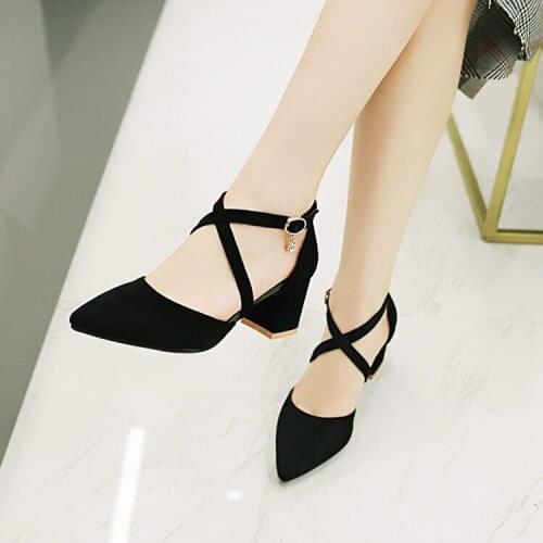 Big Size High heels sandals women shoes woman summer ladies Sharp-toed thick-heeled cross-strap buckle shoes