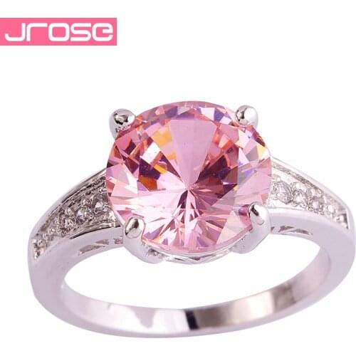 JROSE Wholesale 10*10 mm Round Cut Pink & White CZ Silver Ring Size 6 7 8 9 10 11 12 13 For Women Lady Jewelry Drop Shipping