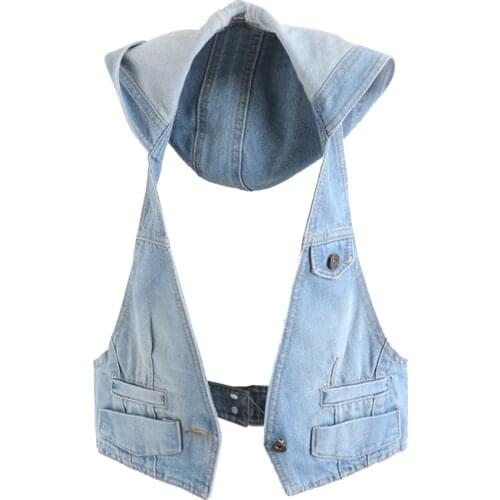 Womens Spring Autumn Sleeveless Hooded Backless Vintage Blue Denim Vest Female Winter Plus Size Slim Short Waistcoat 3XL TB319