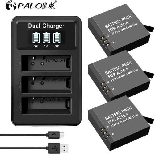 3pcs 1400mah Original For Xiaomi YI lite / YI 2 / 4Kplus 4k+ AZ16-1 Battery + LCD USB Dual Charger For Xiao yi 4k Action Camera