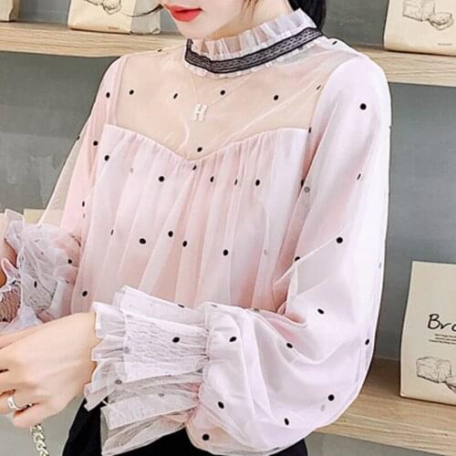 Long Sleeve Blouse Women Blusas Mujer De Moda 2021 Elegantes Stand Collar Dot Chiffon Blouse Shirt Tops Women Blouses Blusa E597