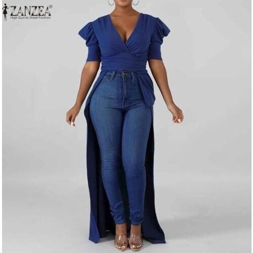 ZANZEA Summer Elegant V Neck Puff Sleeve Blouse High Low Shirt Women Casual Sexy Solid Irregular Hem Long Tops Female Work Blusa