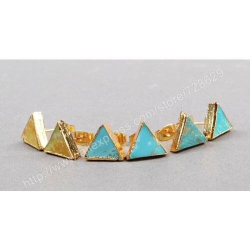 BOROSA 5Pair/lot 100% 8.5mm natural Gold Color Triangle Turquoises Studs Earrings Jewelry for Women G0472