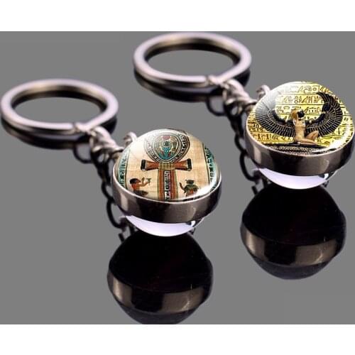 Ancient Egyptian Keychain Ankh Glass Ball Key Chain Anubis Scarab Isis Goddess Jewelry Stainless Steel Key Rings Accessories