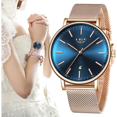 LIGE 9908 Men And Women Watch Stainless Steel Ultra-Thin Casual Couples Wristwatch Quartz Waterproof Fashion Watches Clock