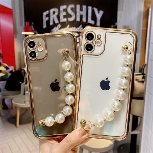 Luxury Plating Pearl Wrist Bracelet Clear case for iPhone 11 12 Pro Max MiNi XR XS X 7 8 plus SE 2 camera protection soft cover