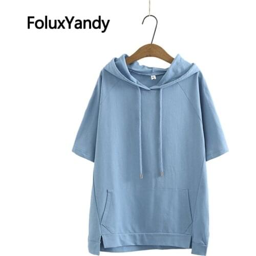 Hooded Short Sleeve T-Shirt Plus Size Womens Tops Front Pocket Casual Summer Tops 5 Colors KKFY5482