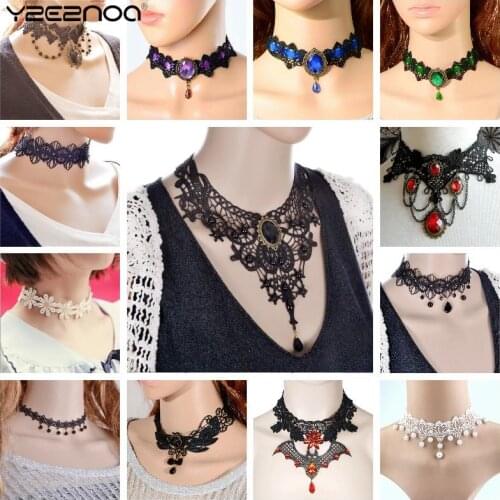 Gothic Chokers Black Beaded Flowers Crystal Black Lace Neck Choker Necklace Vintage Victorian Women Choker Steampunk Jewelry