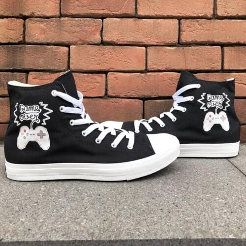Wen Original Design Joypad Game Console GAME OVER Canvas Slogan Shoes Black White Men Women Skateboard Sneaker High Top Footwear