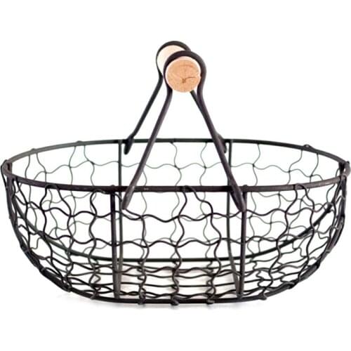Wooden Handle Metal Retro Basket Portable Multi-Function Vegetable Fruit Egg Groceries Practical Storage Basket Organizer Black