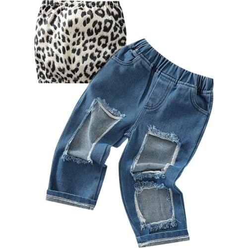 2021 1-6Y Fashion Kids Baby Girl Clothes Set Leopard Print Off Shoulder Top Vest+Big Holes Denim Pants Spring Fall 2pcs Outfits