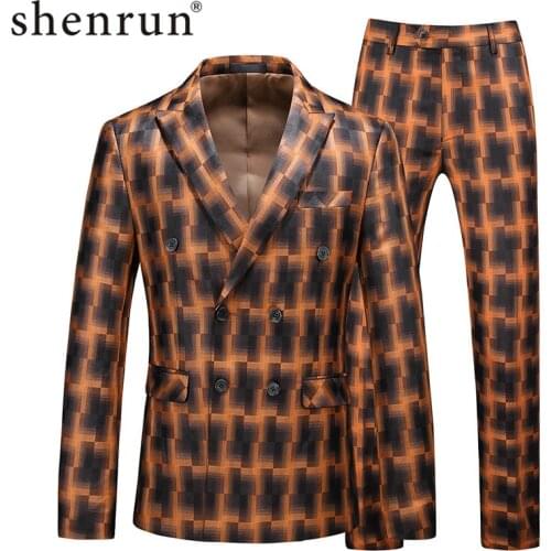 Shenrun Mens Fashion Checked Suit Slim Fit Wedding Suits Formal Casual Office Work Business Party Prom Singer Host Orange Blue