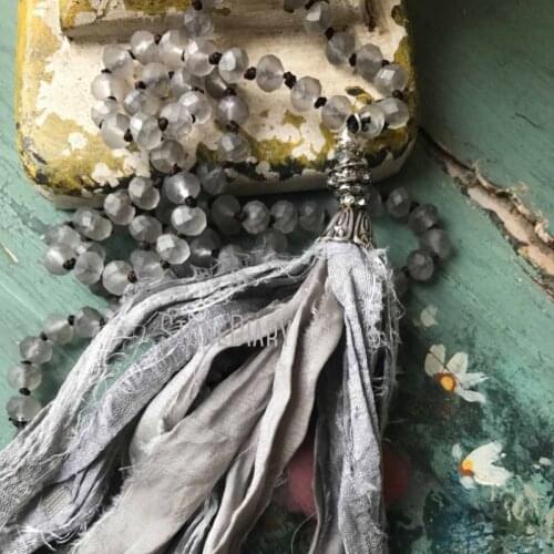 Shabby Boho Chic Matte Grey Beads Silver Sari Silk Tassel Necklace Versatile Accessory Fun Jewelry 32inch NM18227