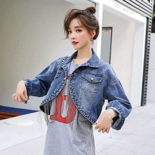 2021 Spring Autumn New Fashion Outwear Female Fringed Long-sleeved Denim Short Jeans Jacket Womens Clothing Frayed Casual Blue