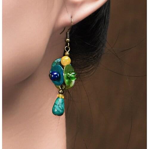 Colored shell New Original handmade blue nature stone dangle earrings green ,New Ethnic glazed earrings jewelry vintage earrings