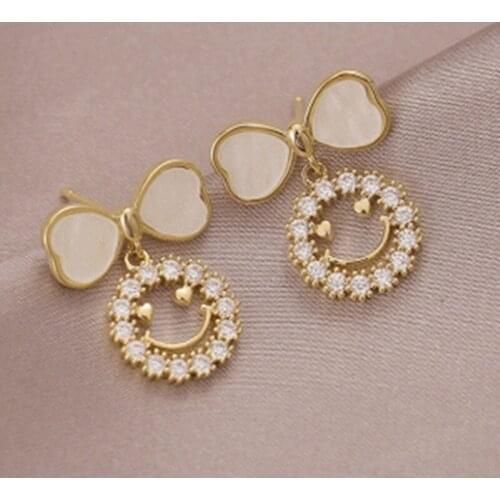Origin Summer Exquisite Love Heart Smile Face Dangle Earring for Women Girls Gold Color Rhinestone Hollow Out Earring Jewellery