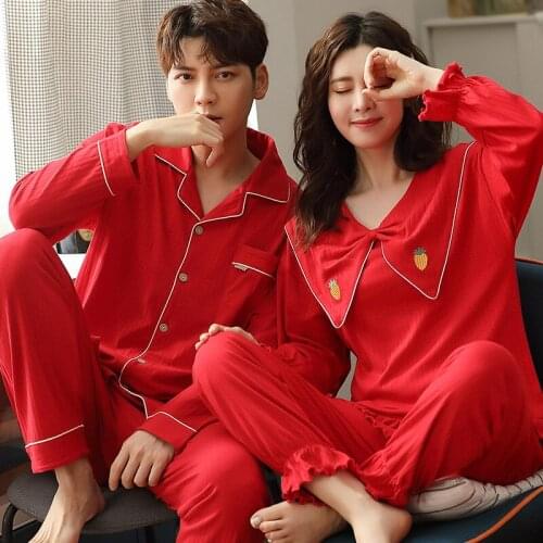 Lovers Pajamas Autumn New Mens Pajamas Cotton Full-sleeve Mens Turn-down Collar Homewear Solid Color Sleepwear Women Soft Suit