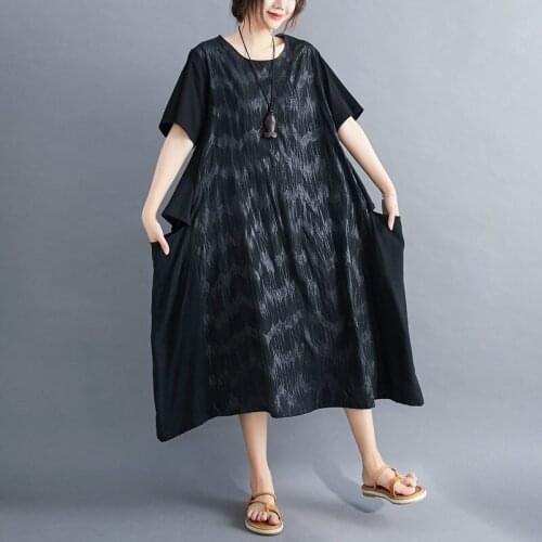 Casual 2021 Korean Printed Cotton Linen Clothing Large Size Short Sleeve Dress Fashion Loose Female Robe & Vestidos zh025