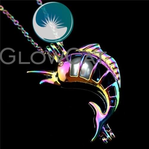 R-C203 Rainbow Color Ocean Fish Beads Cage Pendant Perfume Diffuser Aromatherapy Pearl Cage Locket Necklace