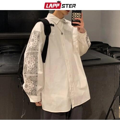 LAPPSTER Men Harajuku Korean Long Sleeve Shirts 2021 Spring Mens Striped White Vintage Shirt Male Oversized Button Up Blouse
