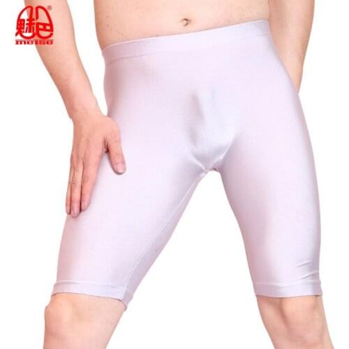 Sexy Men Oil Shiny Lycra Leggings Seamless Solid U Convex Pouch Half-length Boxers Long Leg Underpants Boxer Gay Wear F49