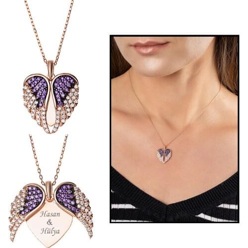 Tesbihane Zircon Personalized Name Written Rose Color 925 Sterling Silver Angel Wing Pendant