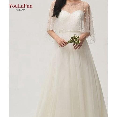 YouLaPan G27 Pearl Bridal Cloak Shawl Wedding Accessories Elegant Cape for Bride Short Front Long Back Shawl Wedding Dress