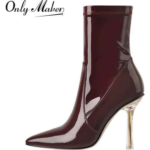 Onlymaker Winter Pointed Toe Ankle Boots For Women Black Red Patent Leather Clear Metal Thin High Heel Booties Zipper Concise